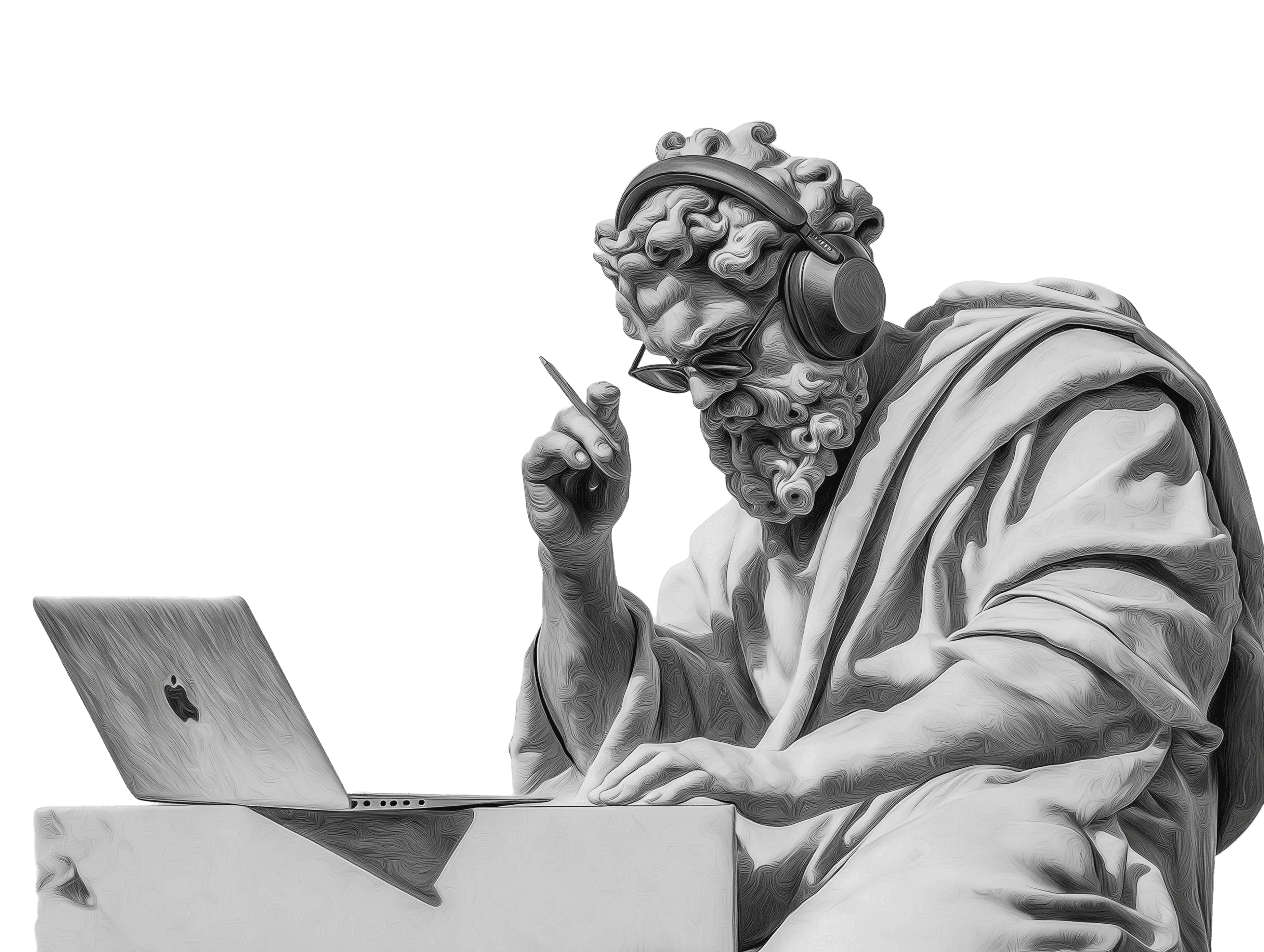 3D render of a classical statue wearing headphones and glasses